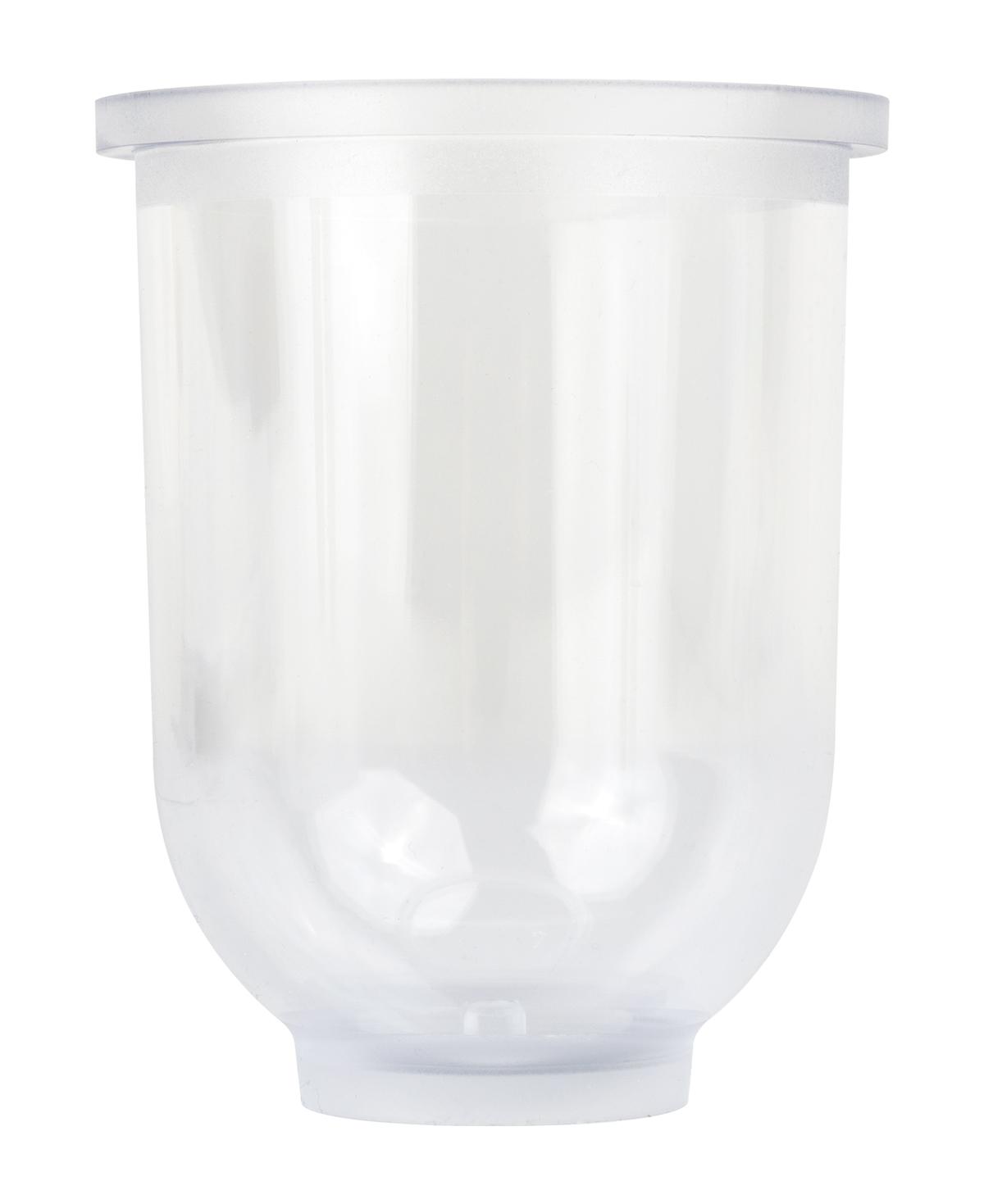 Przezroczyste naczynie odstojnikowe z tworzywa sztucznego bez zaworu spustowego, o kompaktowym kształcie i jednolitym dnie