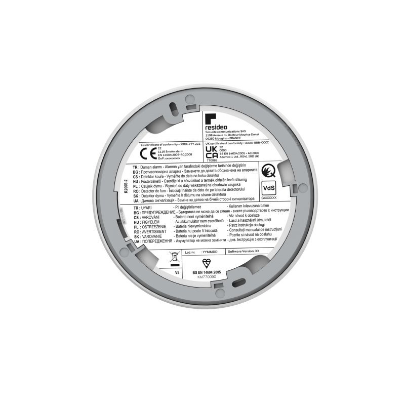 Okrągły bezprzewodowy czujnik dymu Honeywell R200S-2 z oznaczeniami i certyfikatami