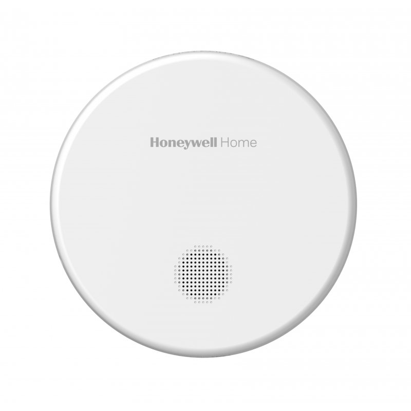 Biały okrągły czujnik dymu Honeywell Home z otworami na sygnalizator 85 dB