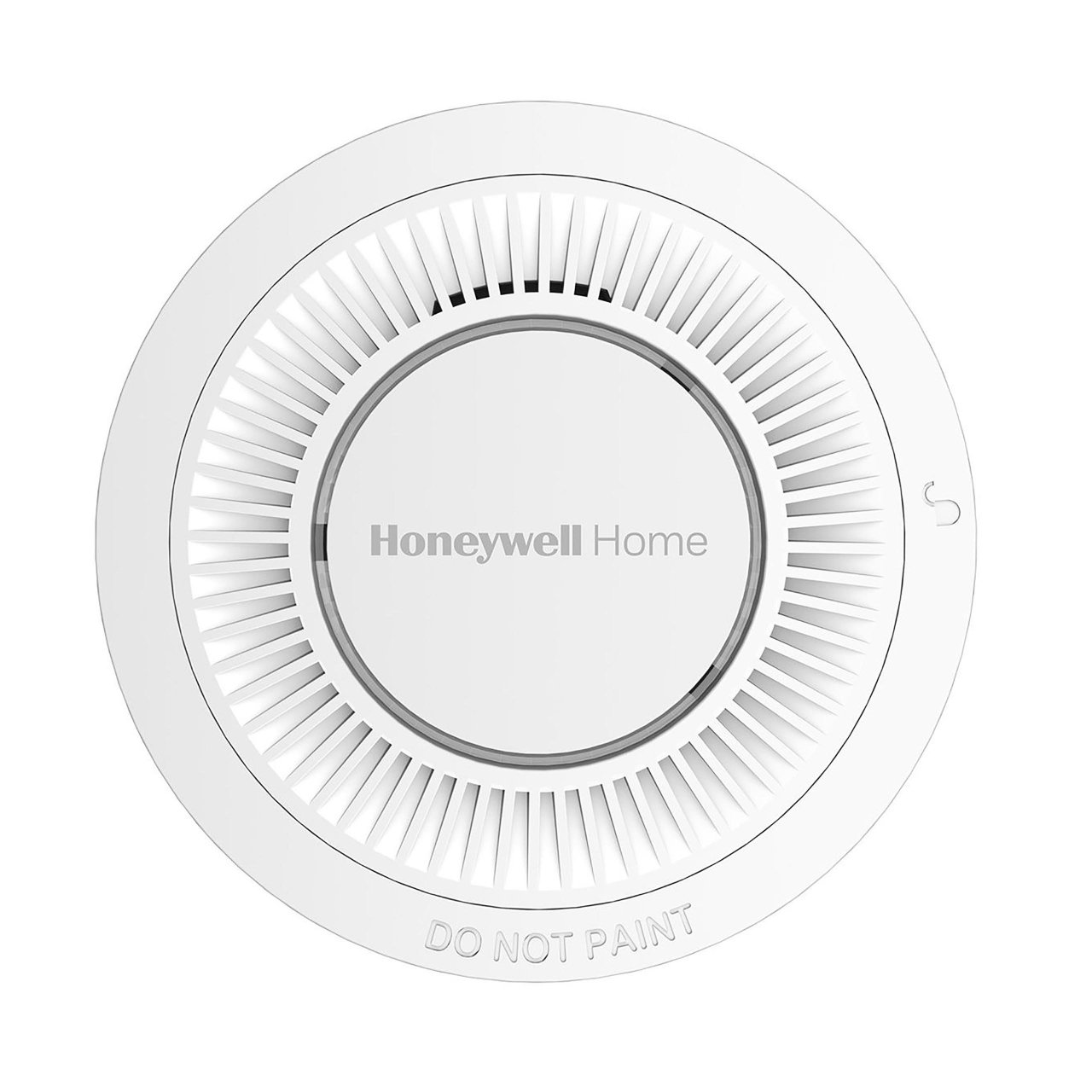 Okrągły biały czujnik dymu Honeywell Home R200S-N2 z otworami wentylacyjnymi i centralnym przyciskiem