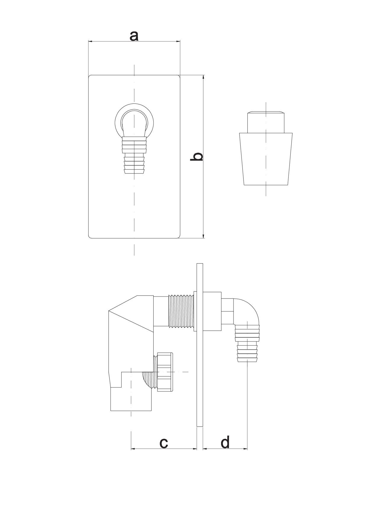 Odpływ pralki podtynkowy biały z wymiarami a 90 mm, b 150 mm, c 60 mm, d 40 mm