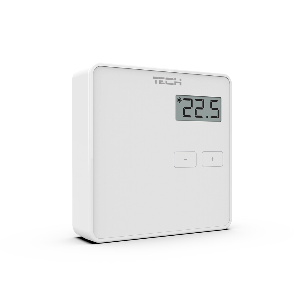 Przewodowy regulator pokojowy dwustanowy biały ST-249v1 z czytelnym wyświetlaczem temperatury i przyciskami plus minus