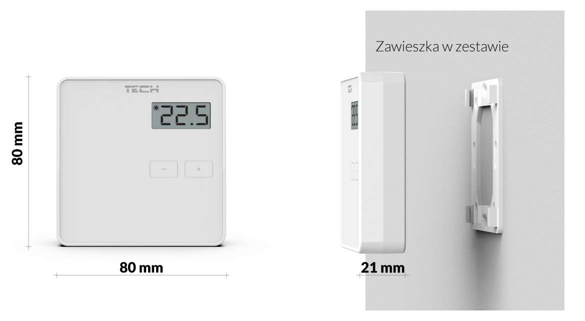 Przewodowy czarny regulator pokojowy 80x80 mm z czytelnym wyświetlaczem i przyciskami plus i minus