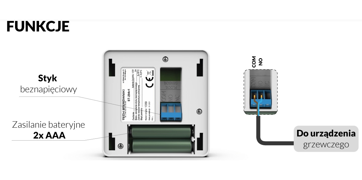 Przewodowy regulator pokojowy zasilany 2x AAA z beznapięciowym stykiem do urządzenia grzewczego