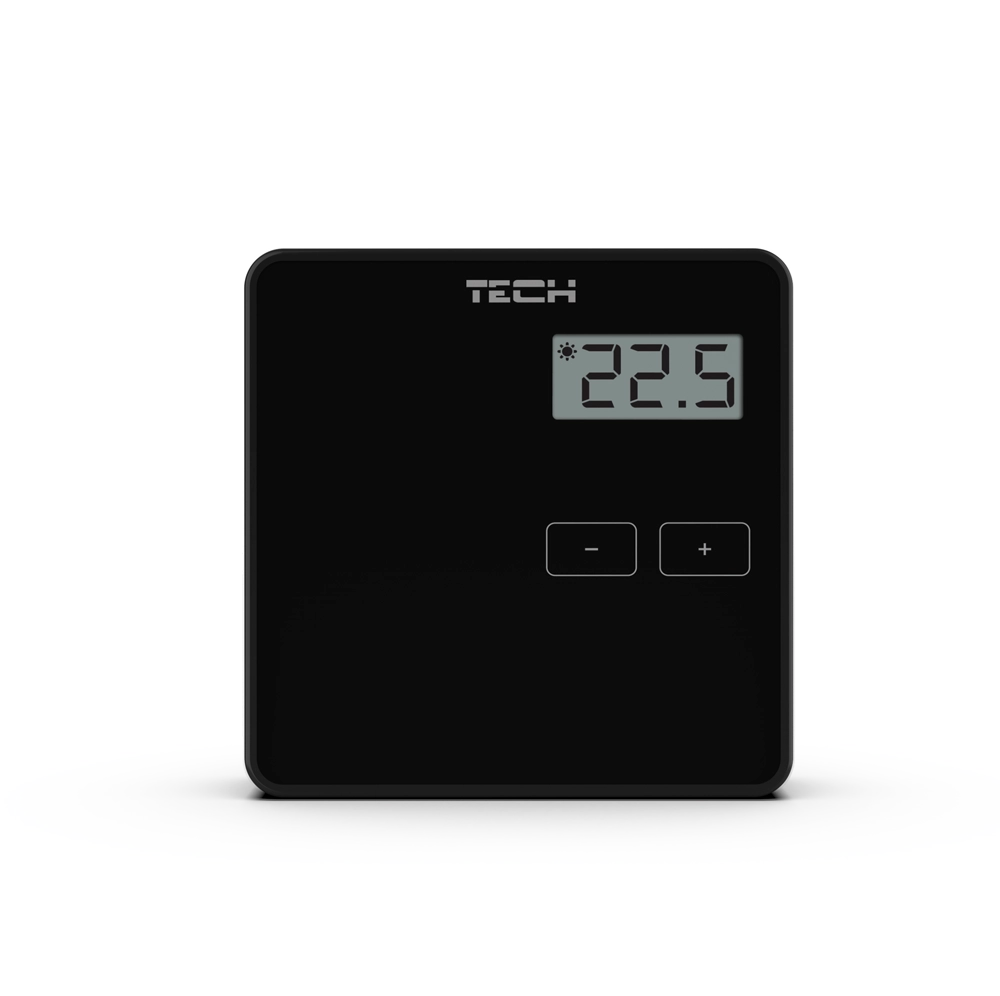 Czarny przewodowy regulator pokojowy dwustanowy TECH z wyświetlaczem LCD i przyciskami plus i minus