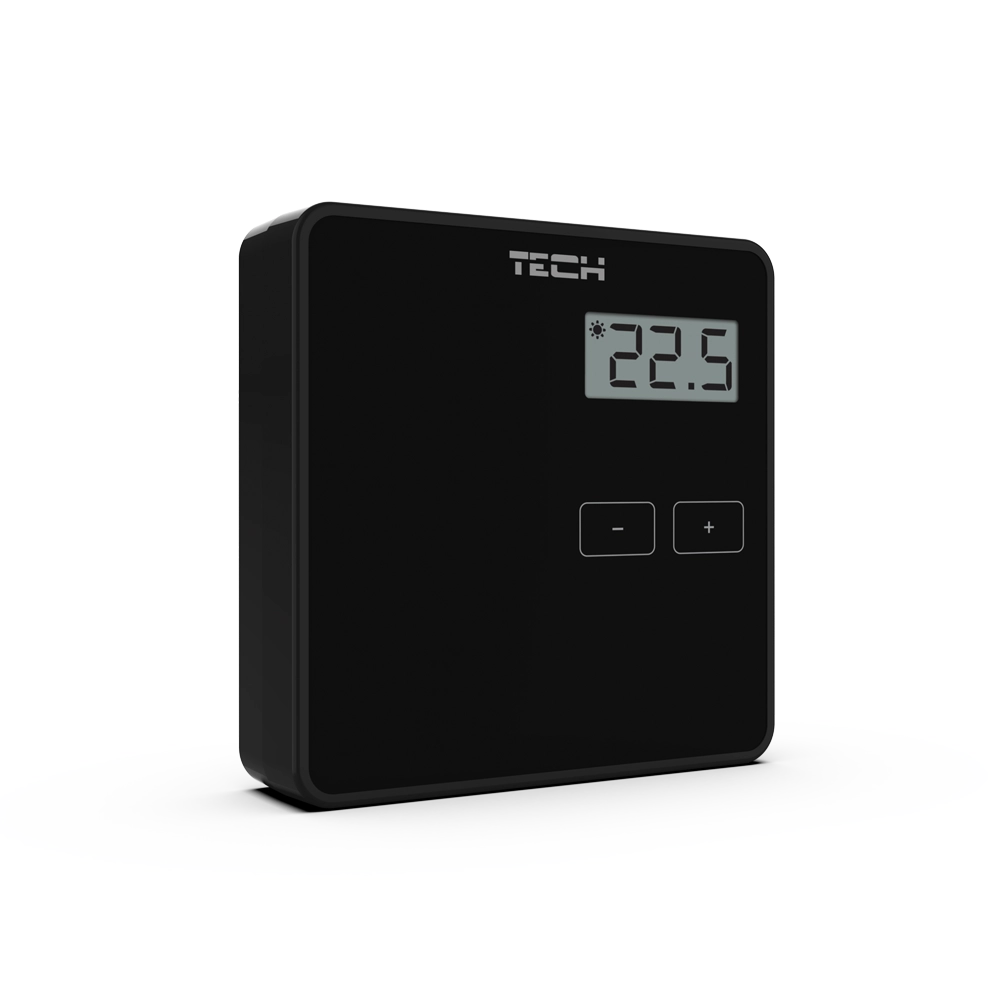 Czarny przewodowy regulator pokojowy dwustanowy z wyświetlaczem LCD i przyciskami plus i minus