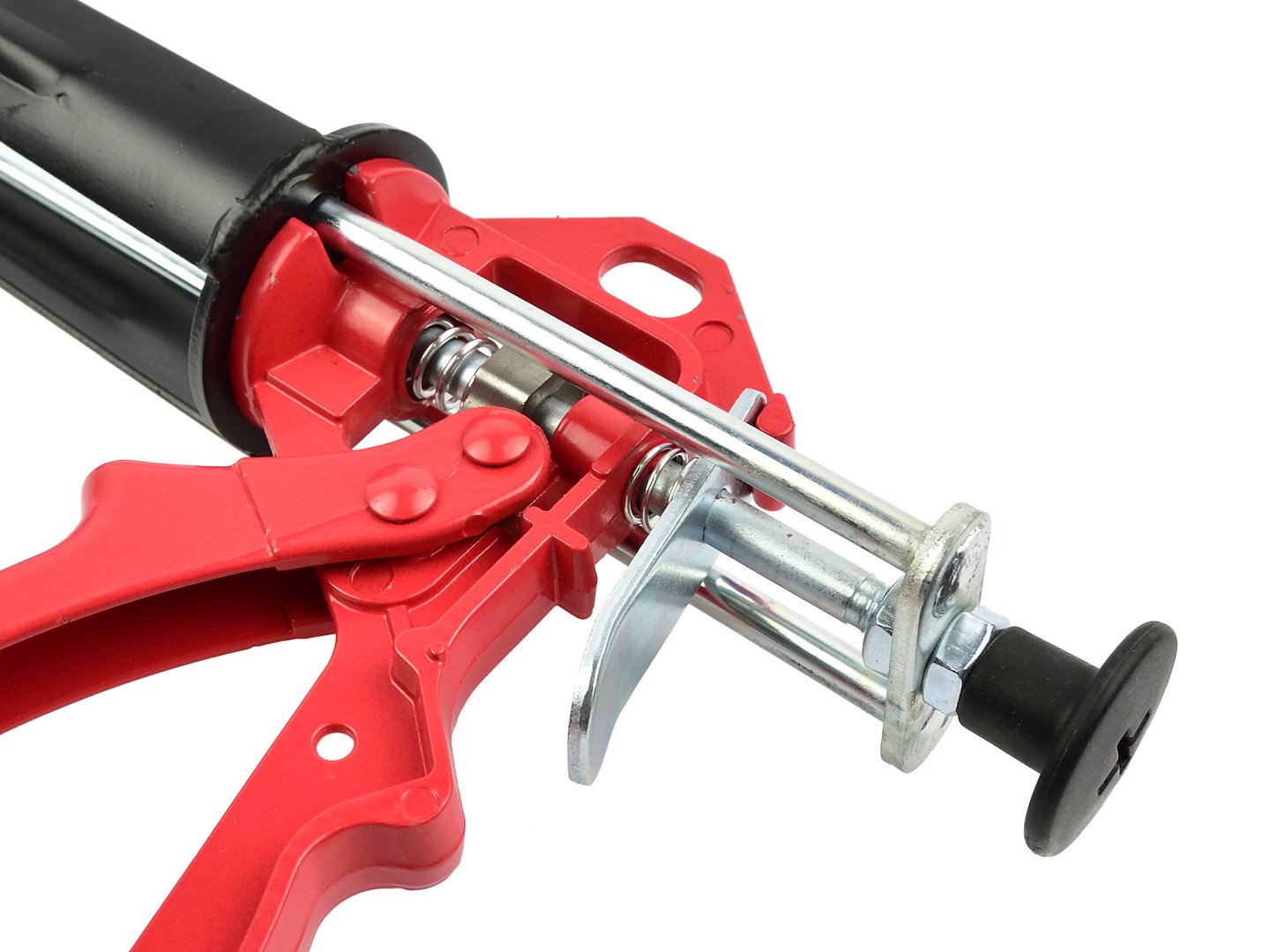 Czerwony pistolet wyciskacz silikonu o stalowej konstrukcji z dodatkowymi prowadnicami tłoka
