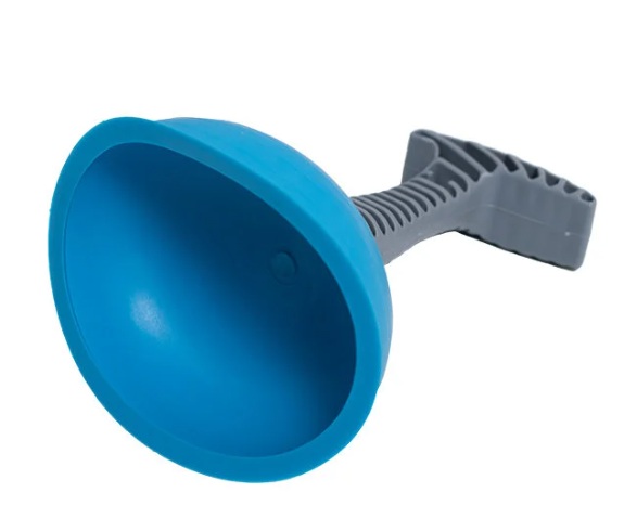 Przepychacz sanitarny do zlewu z niebieską gumową końcówką fi 12 cm i szarą ergonomiczną rączką