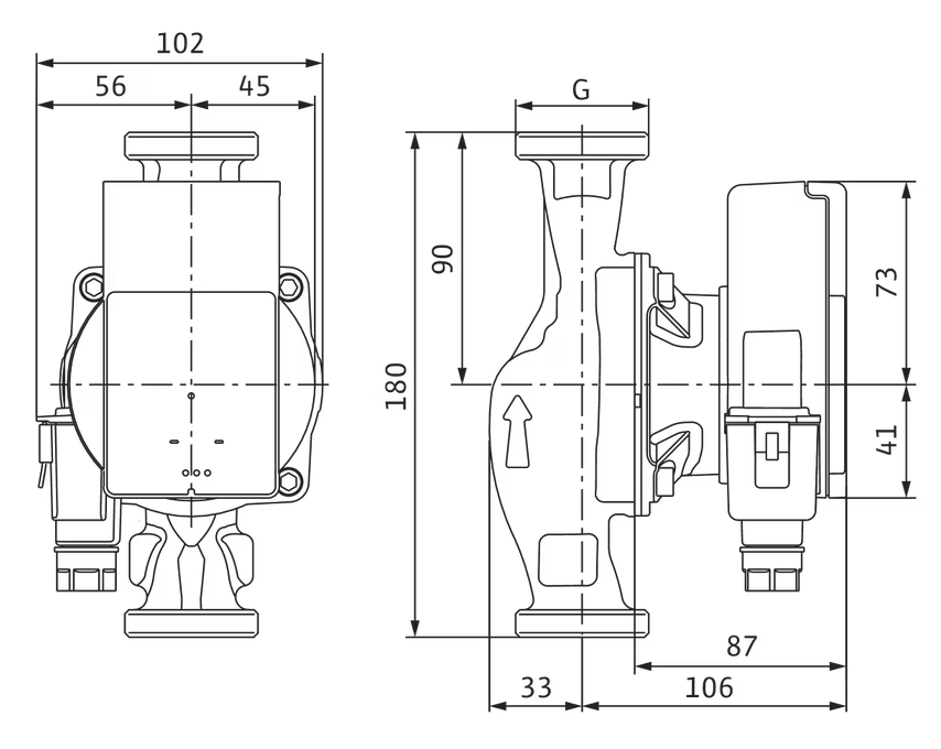 Uniwersalna pompa obiegowa Wilo-Atmos PICO z wymiarami 102x180 mm i przyłączami gwintowanymi G 1½