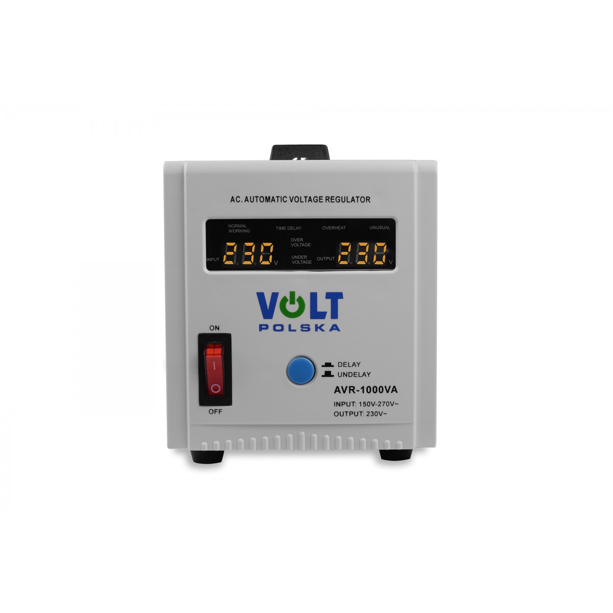 Stabilizator napięcia AVR 1000VA marki VOLT z wyświetlaczem cyfrowym i przełącznikiem on/off