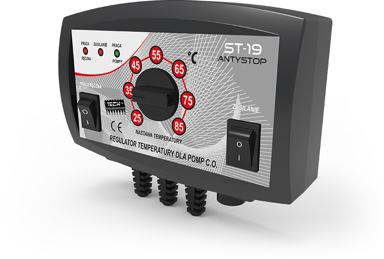 Sterownik ST-19 do pomp CO z potencjometrem temperatury i funkcją antystop, czarny panel z wyłącznikami