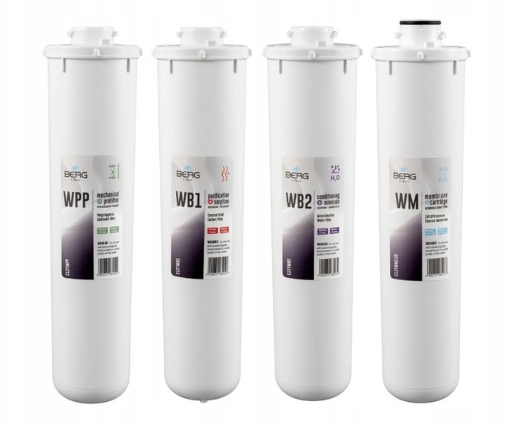 Cztery białe filtry do systemu odwróconej osmozy RO BERG Silver 150 GPD z oznaczeniami WPP, WB1, WB2, WM