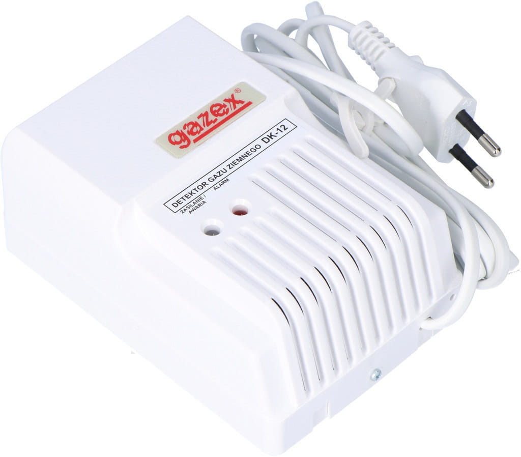 Domowy detektor gazu metanu DK-12 Gazex z białą obudową i przewodem zasilającym