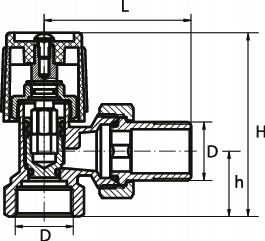 Rysunek techniczny zawór zasilający kątowy 1/2 cala do grzejnika z wymiarami H 65 mm, L 52 mm, gwint 1/2 cala