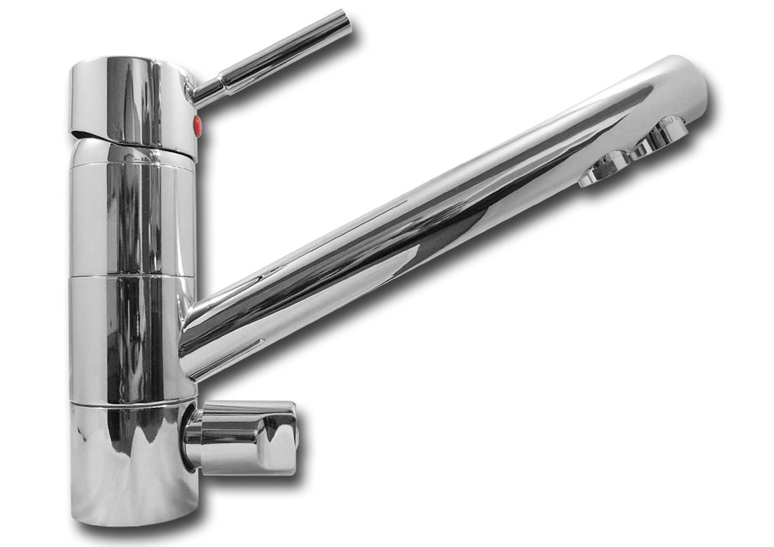 Chromowana bateria kuchenna trójdrożna z obrotową wylewką i dwoma perlatorami