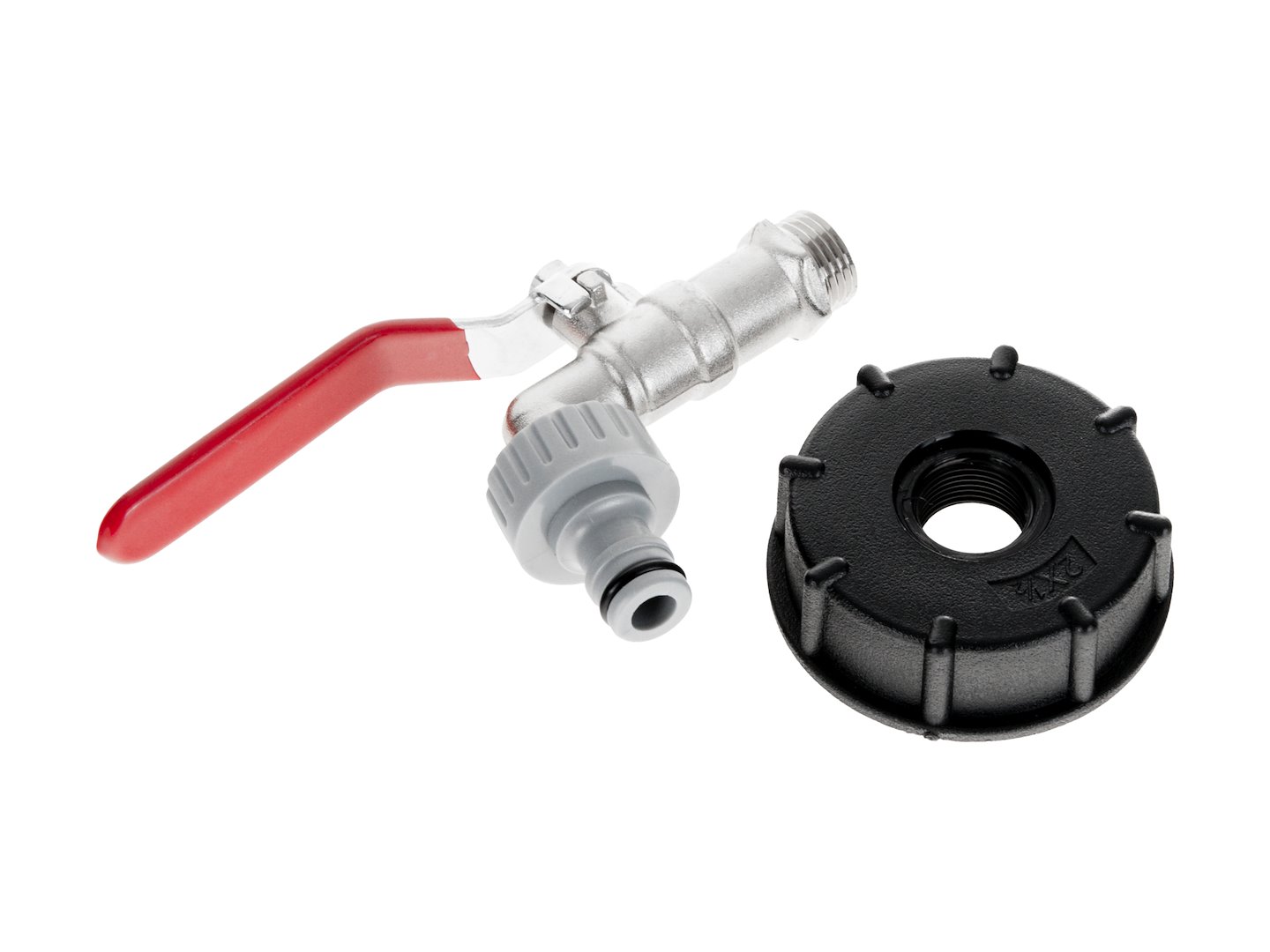 Kran metalowy 1/2 cala z czerwonym uchwytem, nakrętka S60x6 i nypel do szybkozłącza mauser