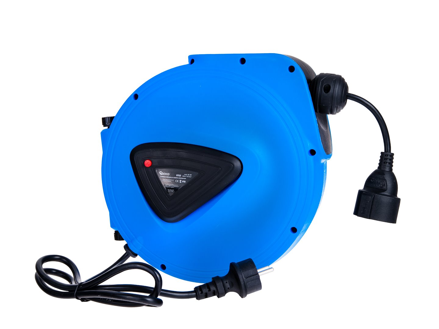 Przedłużacz elektryczny ze zwijakiem automatycznym 15m, niebieska obudowa, kabel zasilający 1,5m ujęcie z boku