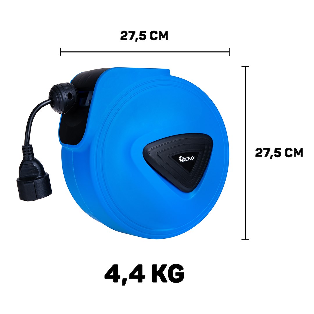 Zdjęcie z wymiarami przedłużacz elektryczny ze zwijakiem automatycznym 15m, niebieska obudowa 27,5x27,5 cm, waga 4,4 kg