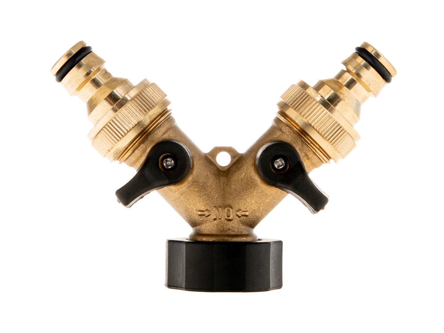 Rozdzielacz 2-drożny z mosiądzu na kran GW 3/4" z dwoma zaworami kulowymi i szybkozłączami Geko