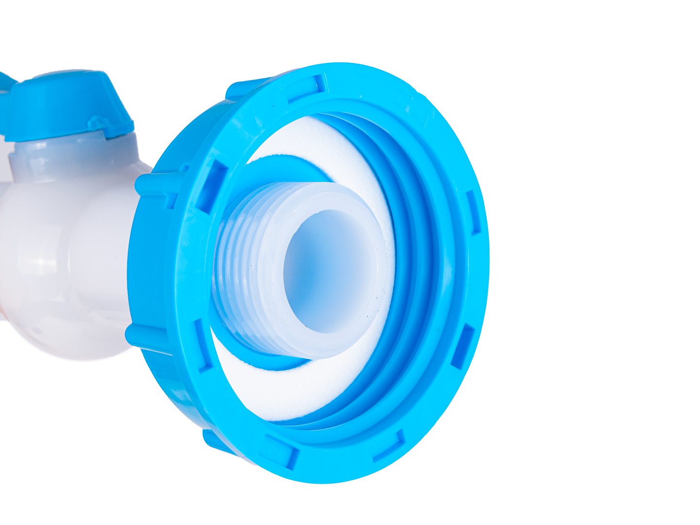 Zawór kulowy biało-niebieski z nakrętką S60x6 i gwintem do węża 32 mm pod kątem 45°