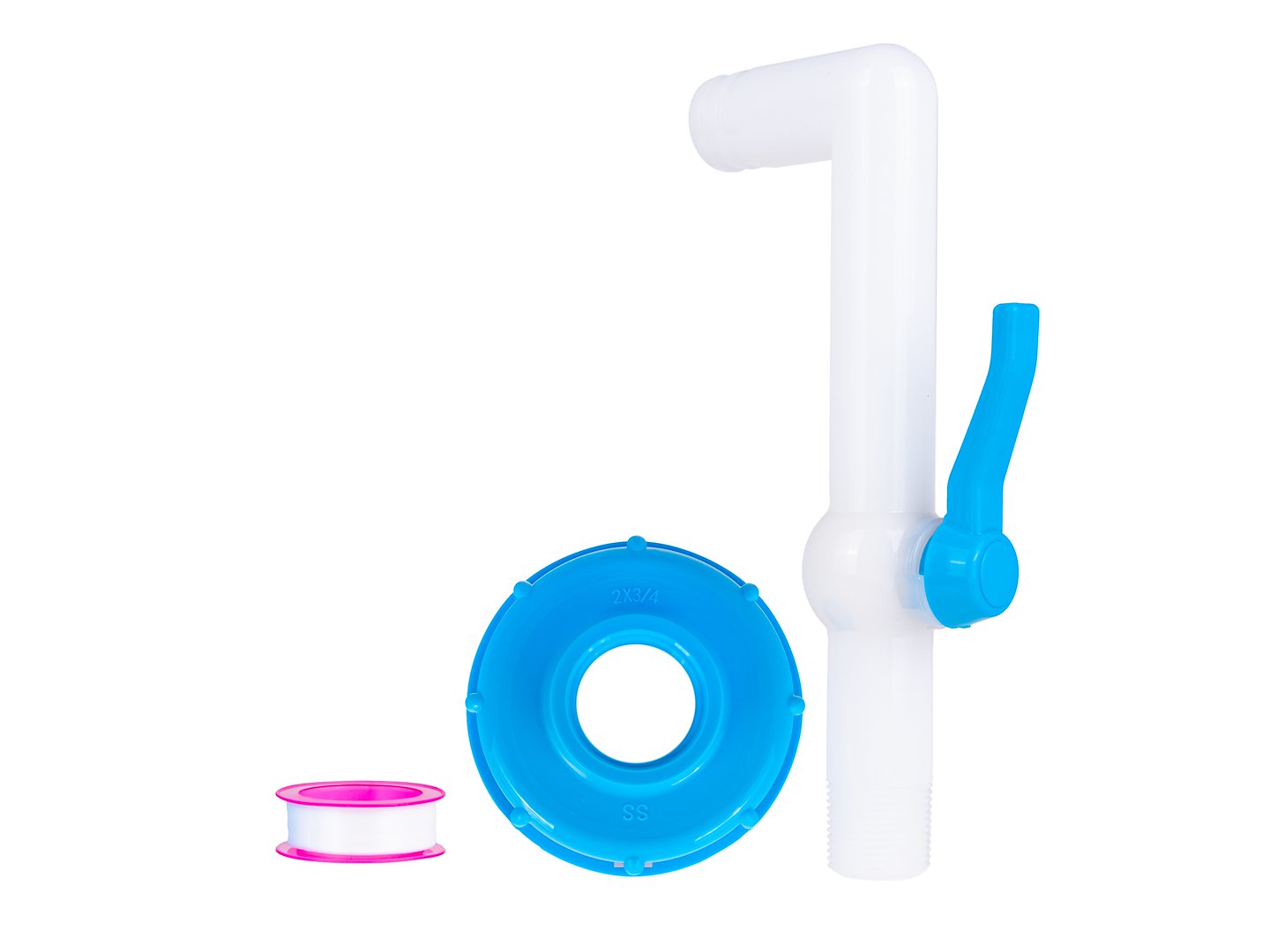 Zawór kulowy biało-niebieski 90° do mauzera S60x6 z końcówką na wąż i taśmą teflonową