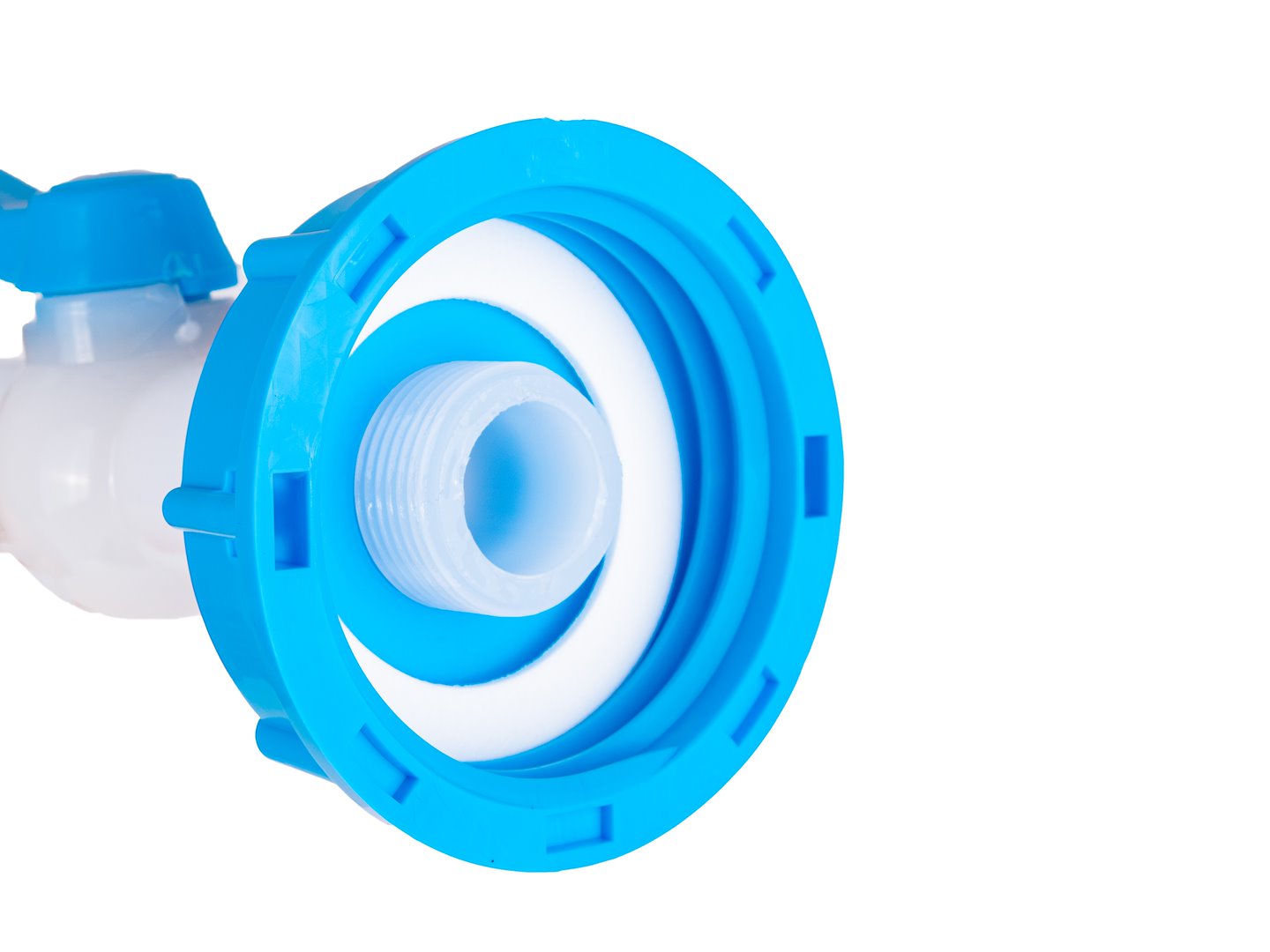 Zawór kulowy biało-niebieski do mauzera S60x6 z końcówką na wąż 25 mm i kątem 90°