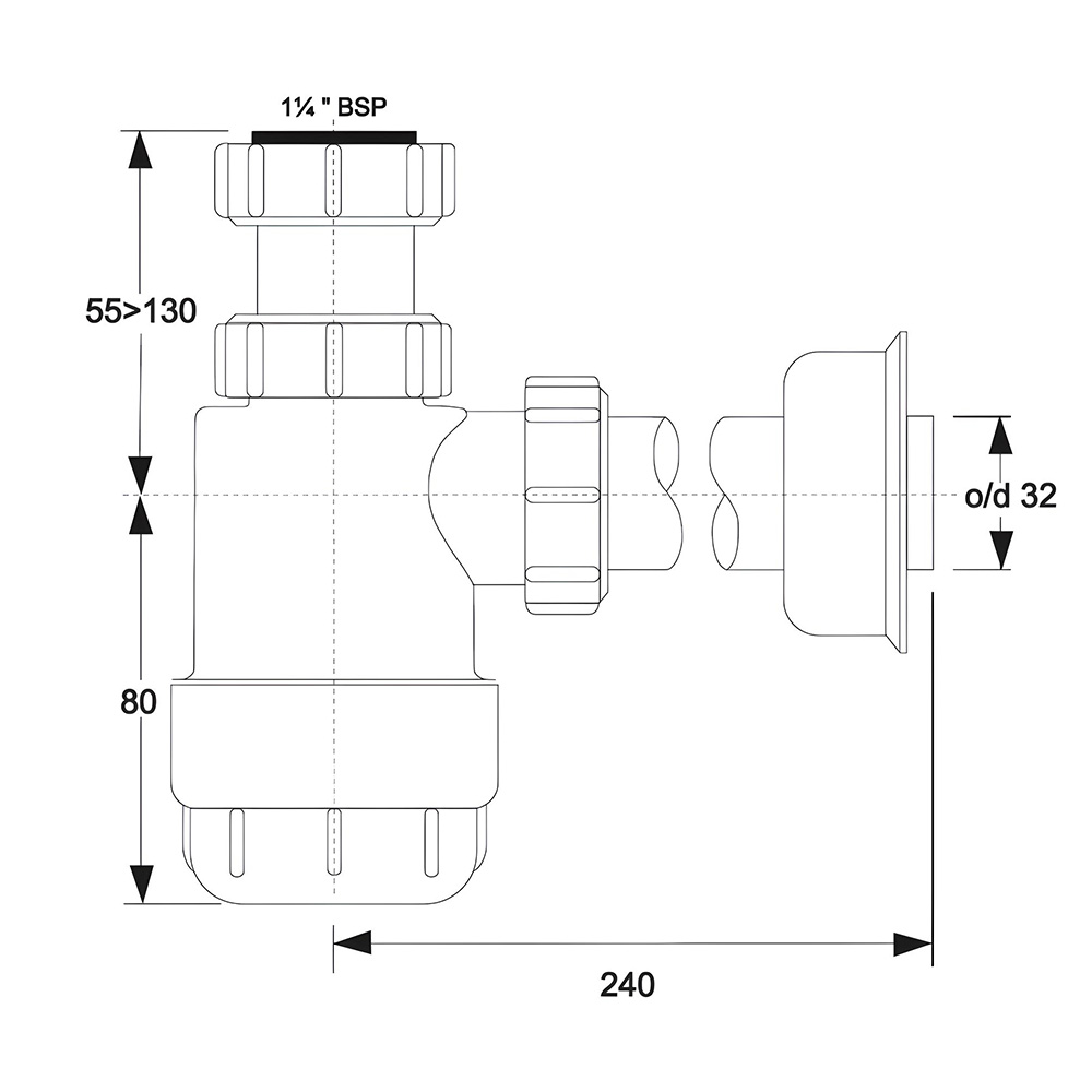 Syfon butelkowy niski 1 1/4" x 32 mm McAlpine z wymiarami i gwintem BSP
