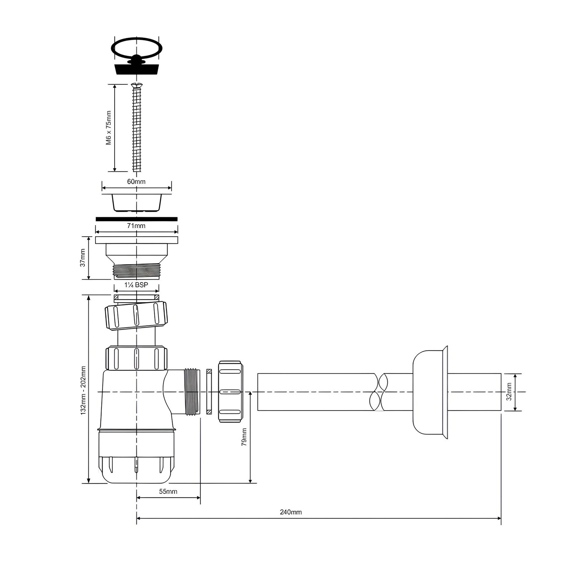 Schemat techniczny syfonu umywalkowego butelkowego niskiego 1 1/4"x32 z wymiarami i elementami montażowymi