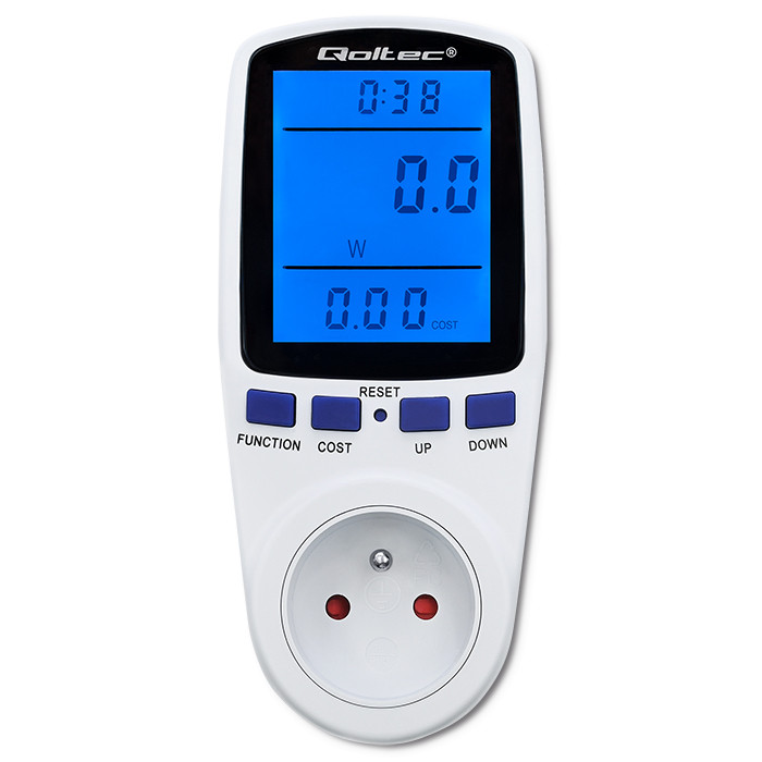 Watomierz Qoltec 3680W 16A z dużym podświetlanym wyświetlaczem LCD i cyfrowym licznikiem zużycia energii