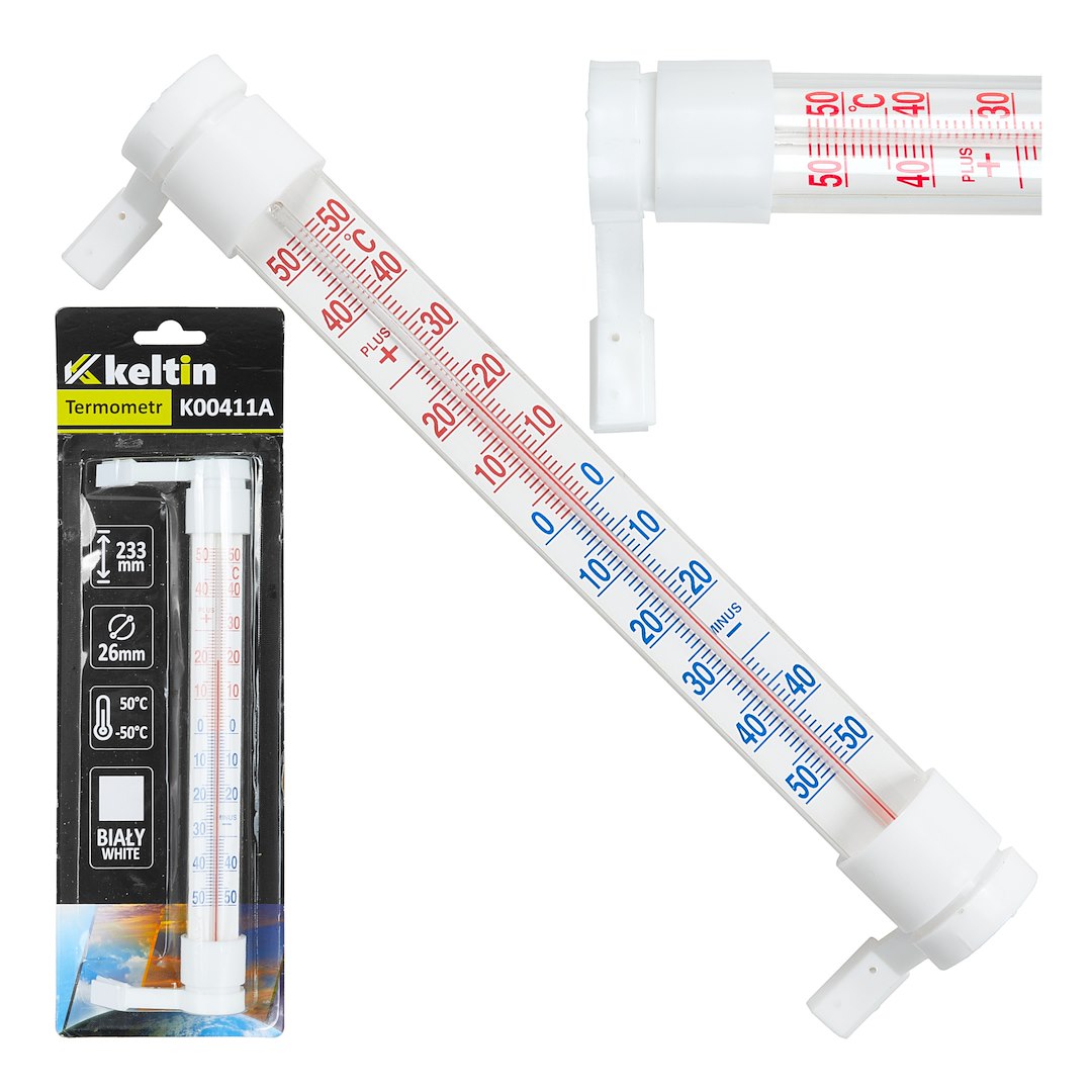 Biały termometr zaokienny Keltin 233x24mm z uchwytami montażowymi i skalą od -50 do 50°C