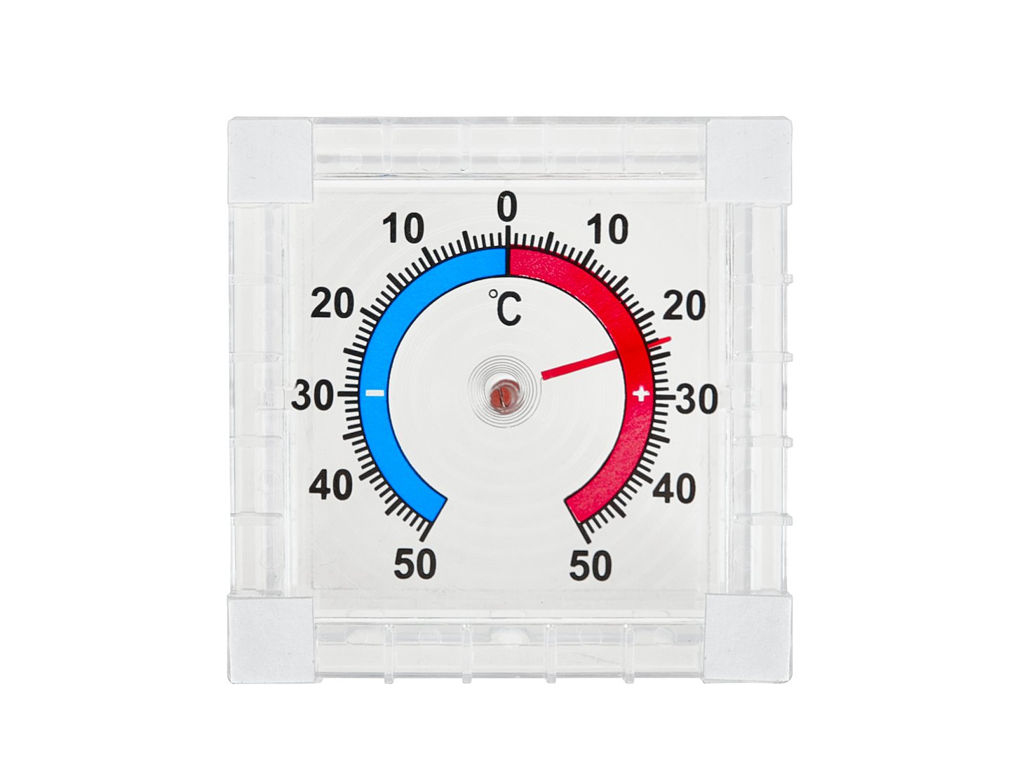 Przezroczysty termometr zaokienny z samoprzylepną taśmą, skala od -50 do 50°C z niebieską i czerwoną strefą temperatur
