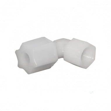 Białe kolanko JACO 1/8 GW na 1/4 wężyk do osmozy z nakrętką i zaciskiem