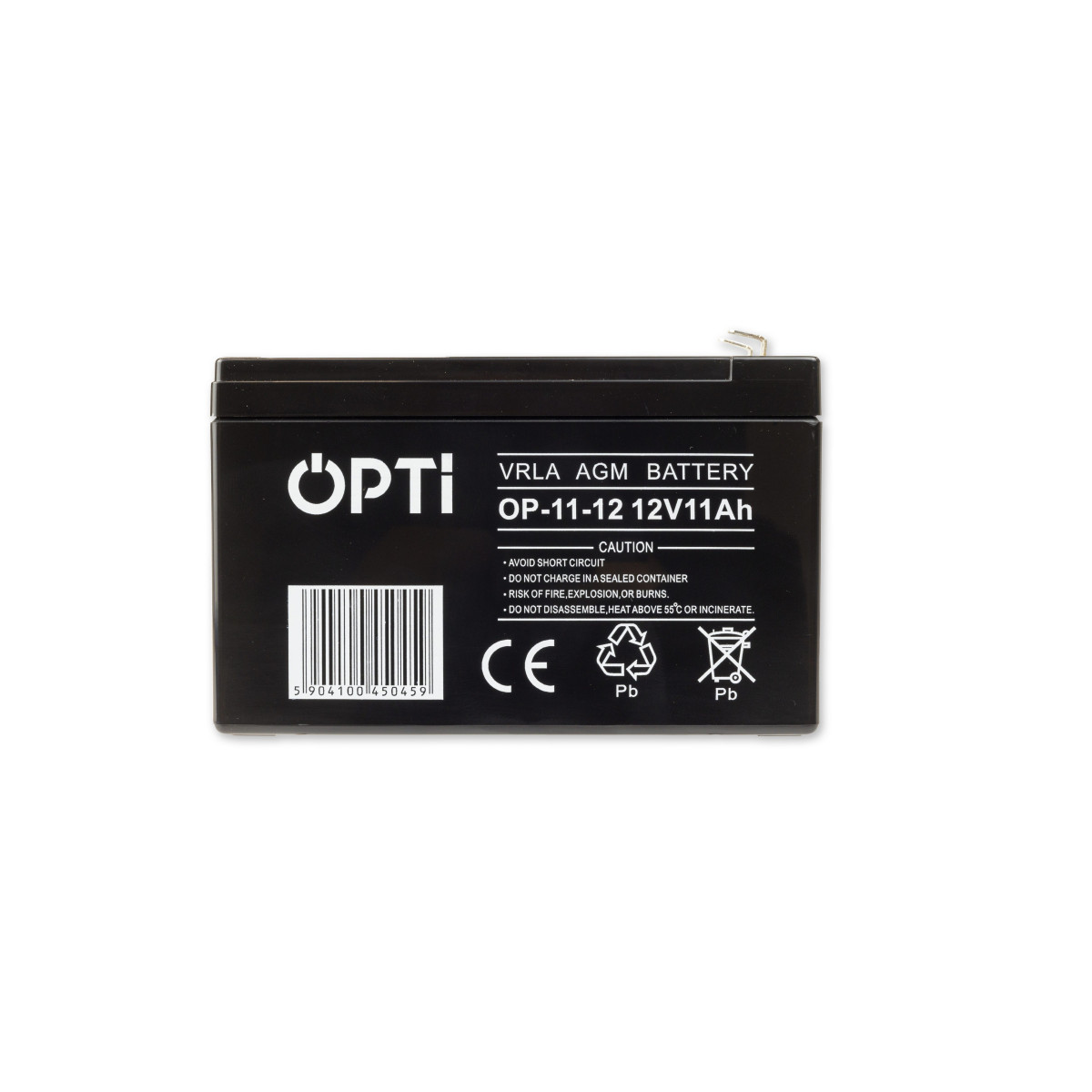 Bezobsługowy akumulator AGM OPTI 12V 11Ah VRLA z oznaczeniami bezpieczeństwa i parametrami technicznymi