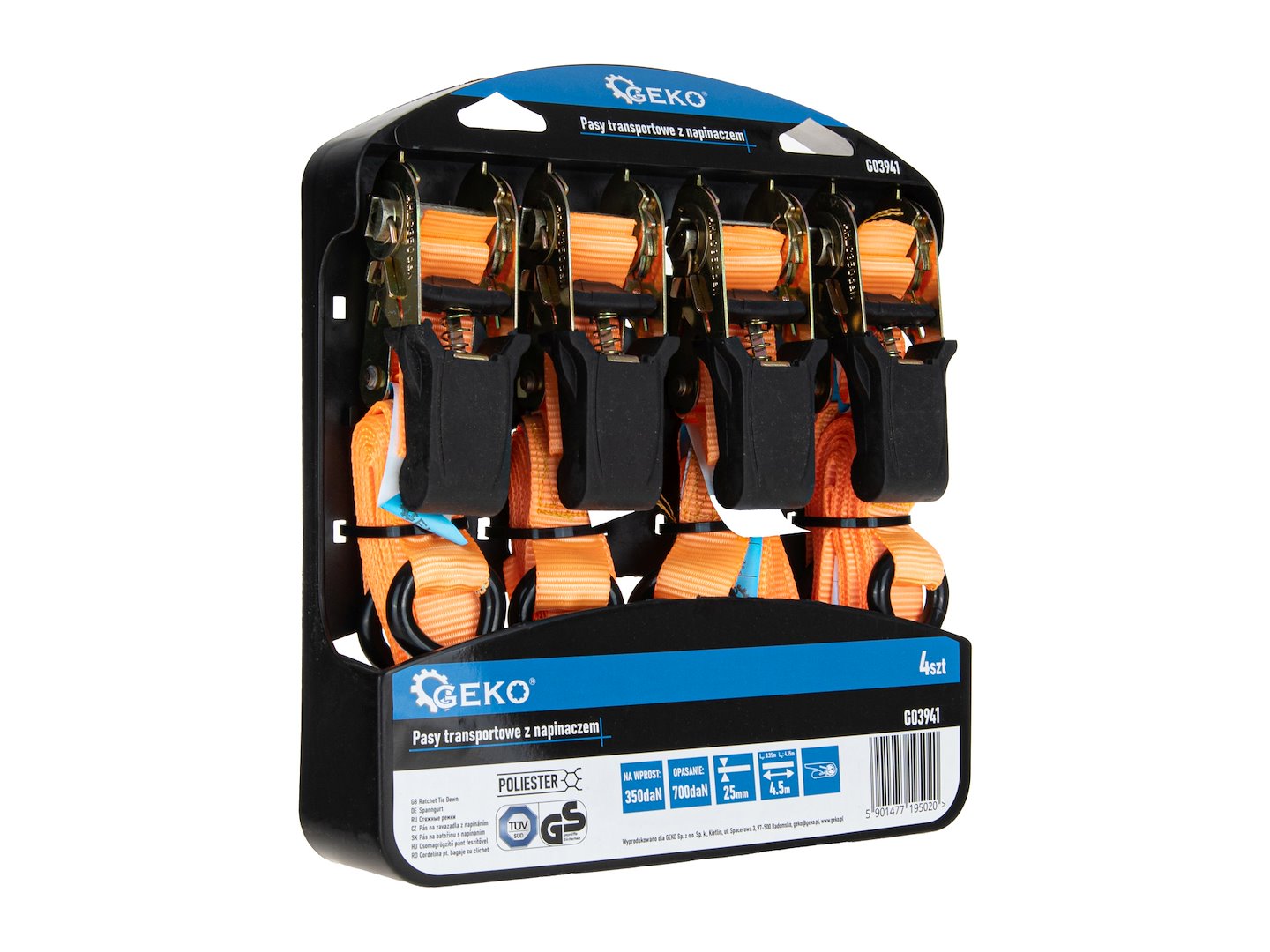 Zestaw 4 pomarańczowych pasów transportowych z napinaczem 4.5m x 25mm, 700kg, marka Geko