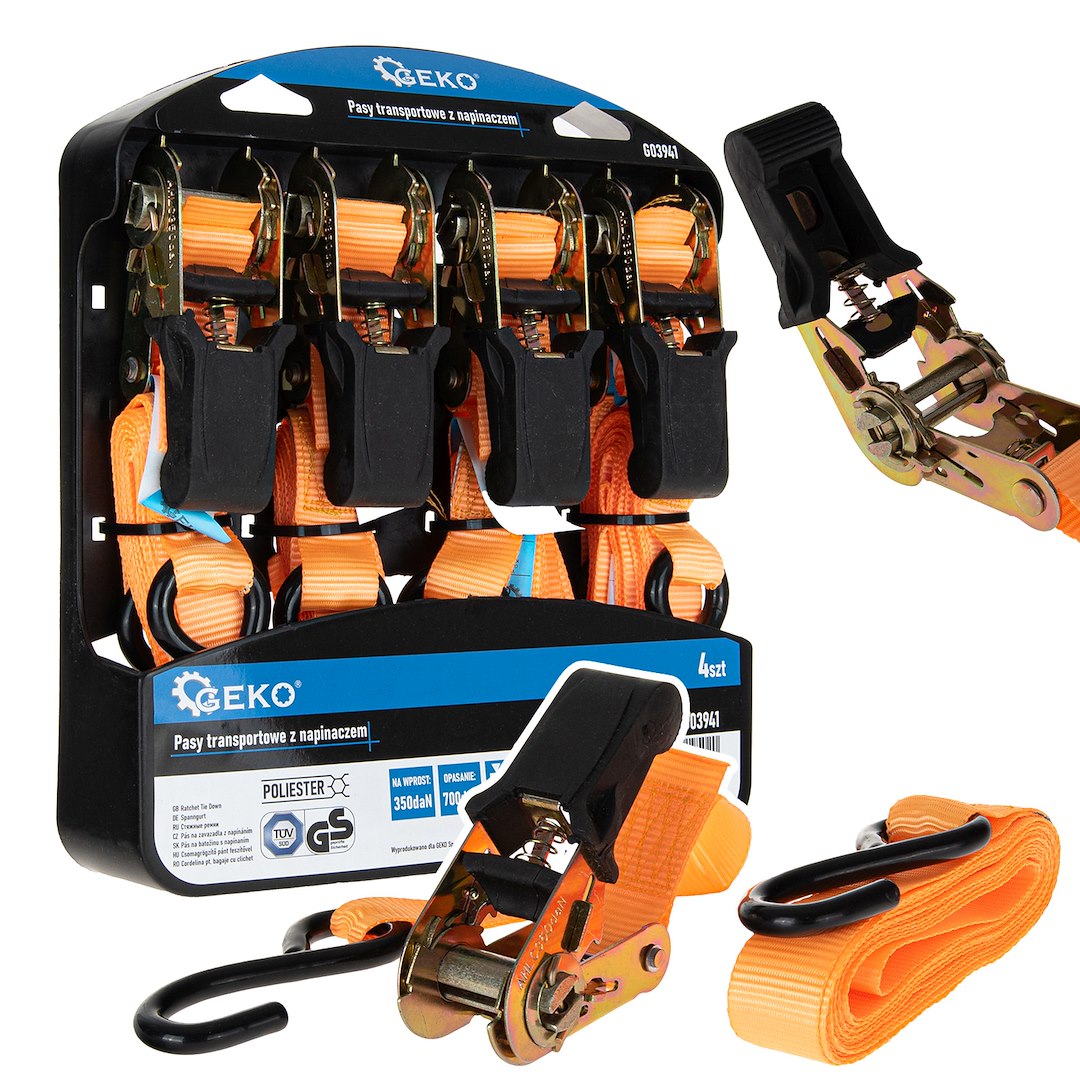 Zestaw 4 pomarańczowych pasów transportowych z napinaczem 4.5m x 25mm, 700kg, marka Geko