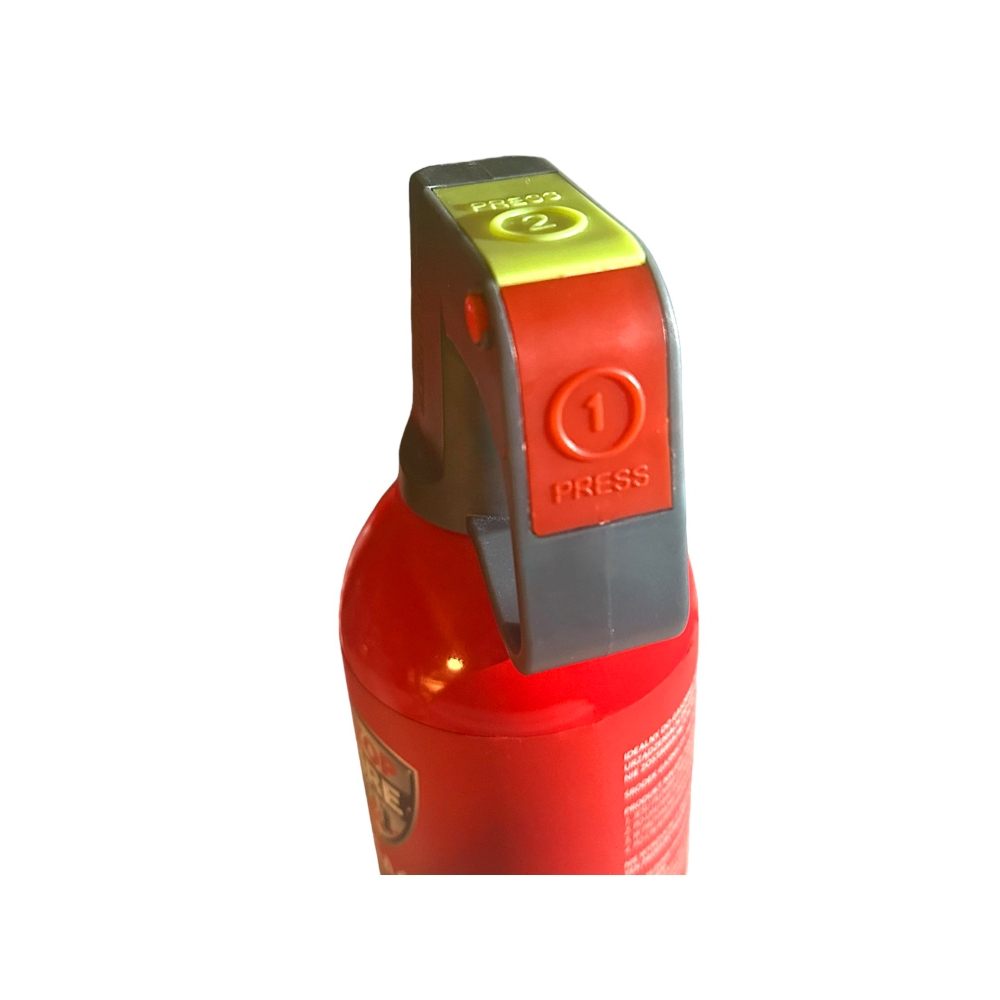 Spray gaśniczy 750 ml do baterii litowych z oznaczeniami przycisków 1 i 2 oraz czerwono-szarym uchwytem