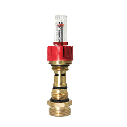 Rotametr mosiężny z czerwonym pokrętłem i skalą pomiarową, gwint 3/4 cala