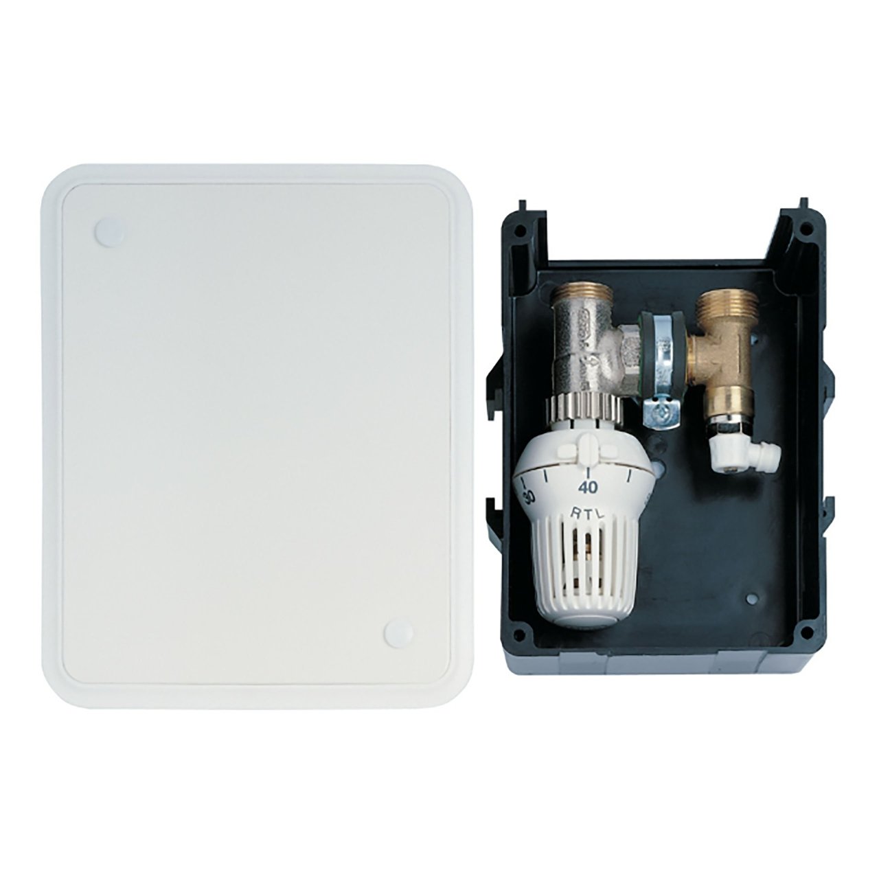 Zawór do ogrzewania podłogowego RTL Honeywell w skrzynce z głowicą termostatyczną i metalowym frontem