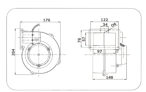Rysunek techniczny dmuchawy wentylatora RV 05 R z wymiarami w mm, widok z boku i góry