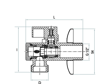 Przekrój zaworu kątowego grzybkowego z filtrem Maestro 1/2"x1/2" z wymiarami i oznaczeniami technicznymi