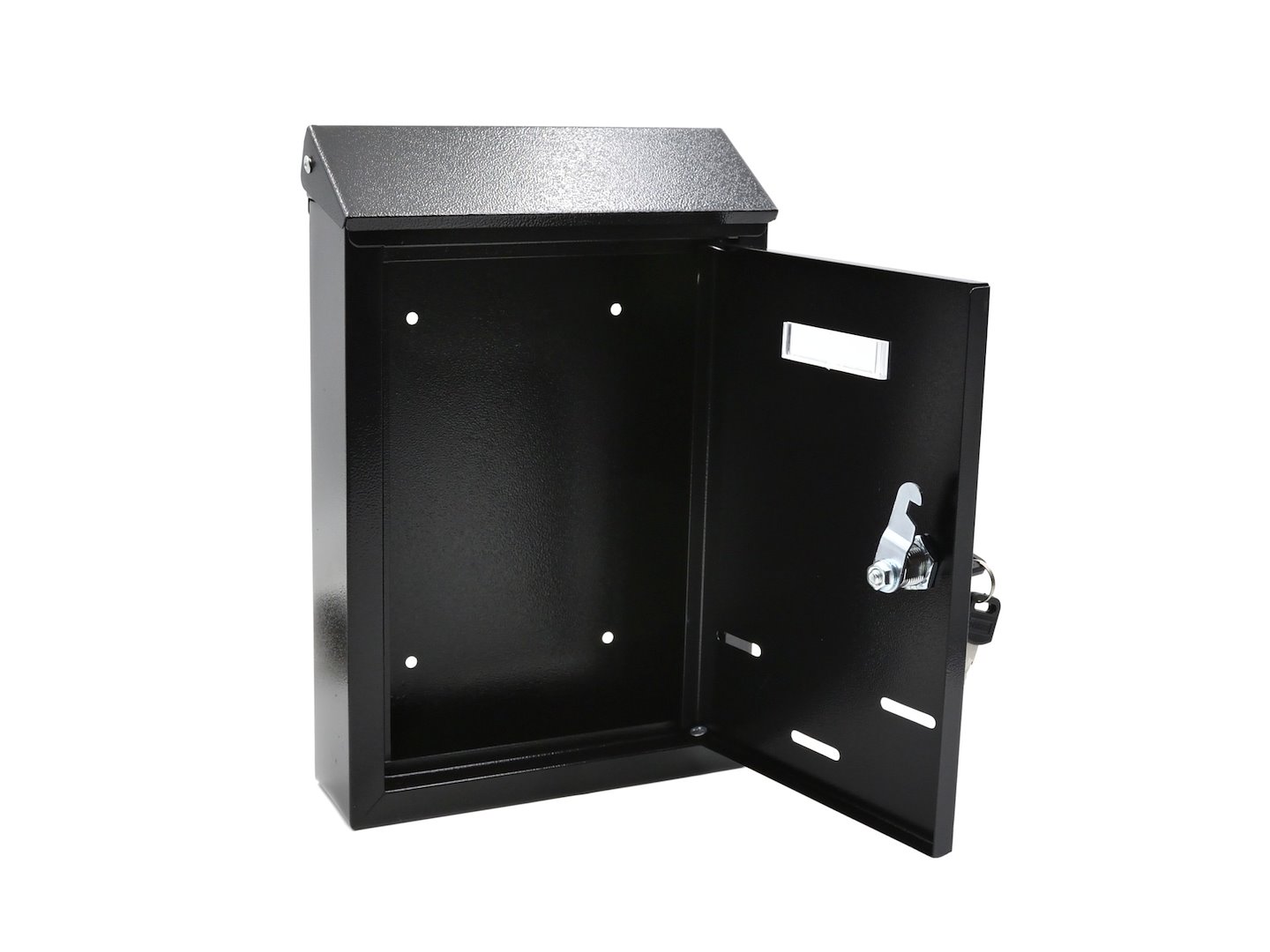 Czarna metalowa skrzynka na listy 300x207x65mm otwarta, z kluczykiem, okienkiem i otworami wentylacyjnymi