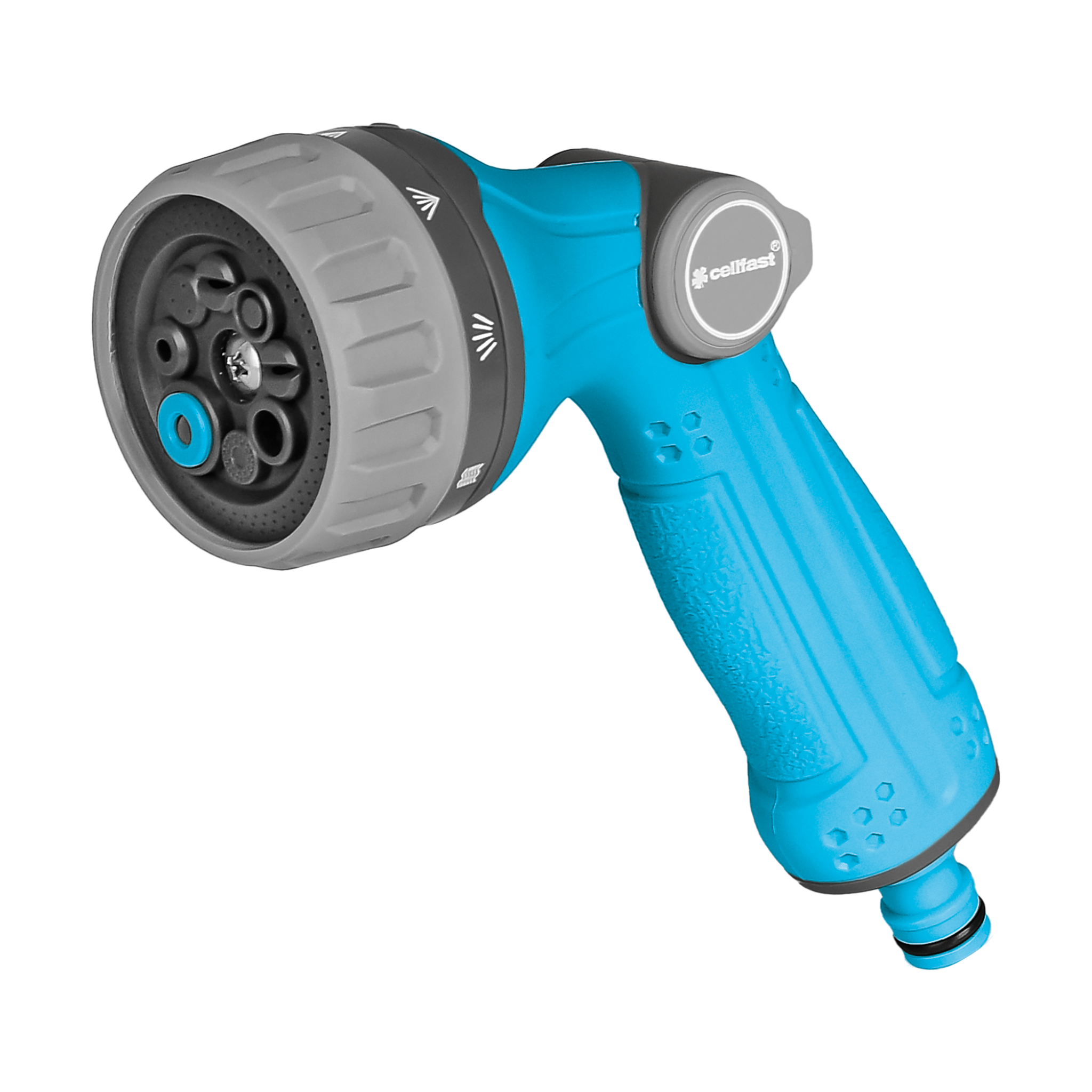 Niebieski zraszacz pistoletowy Cellfast MODUS 8 z regulacją siły i ośmioma trybami strumienia