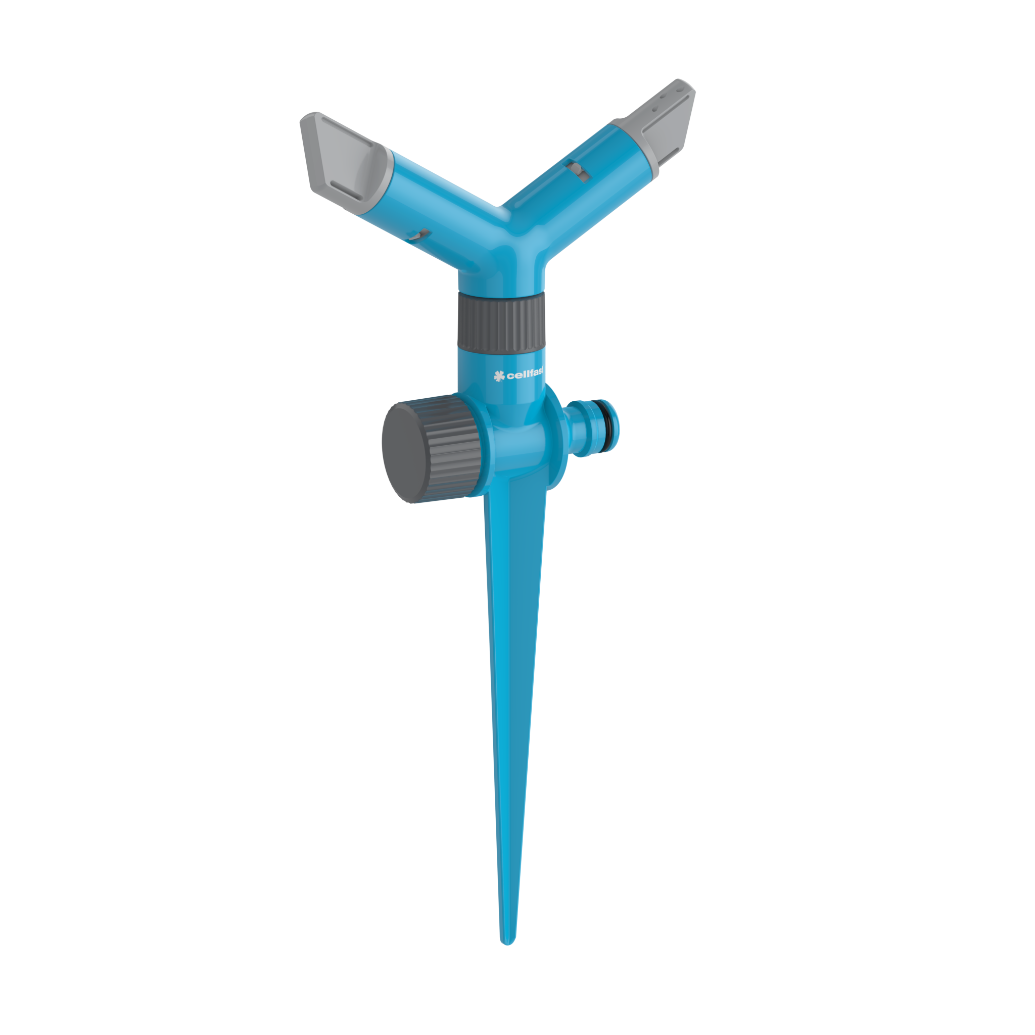 Niebieski zraszacz obrotowy 2-ramienny CELLPRO z pokrętłem regulacji i szpilką do mocowania 50-416