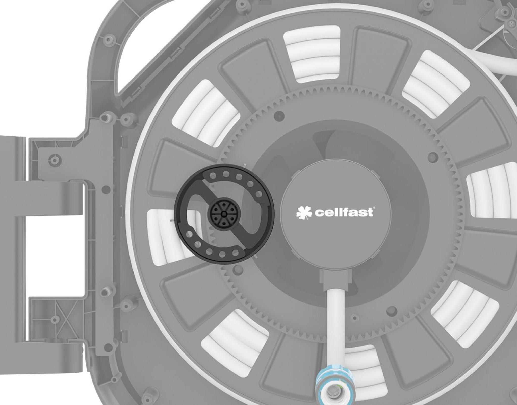 Mechanizm automatycznego zwijacza węża ogrodowego Cellfast XL z widoczną prowadnicą i bębnem