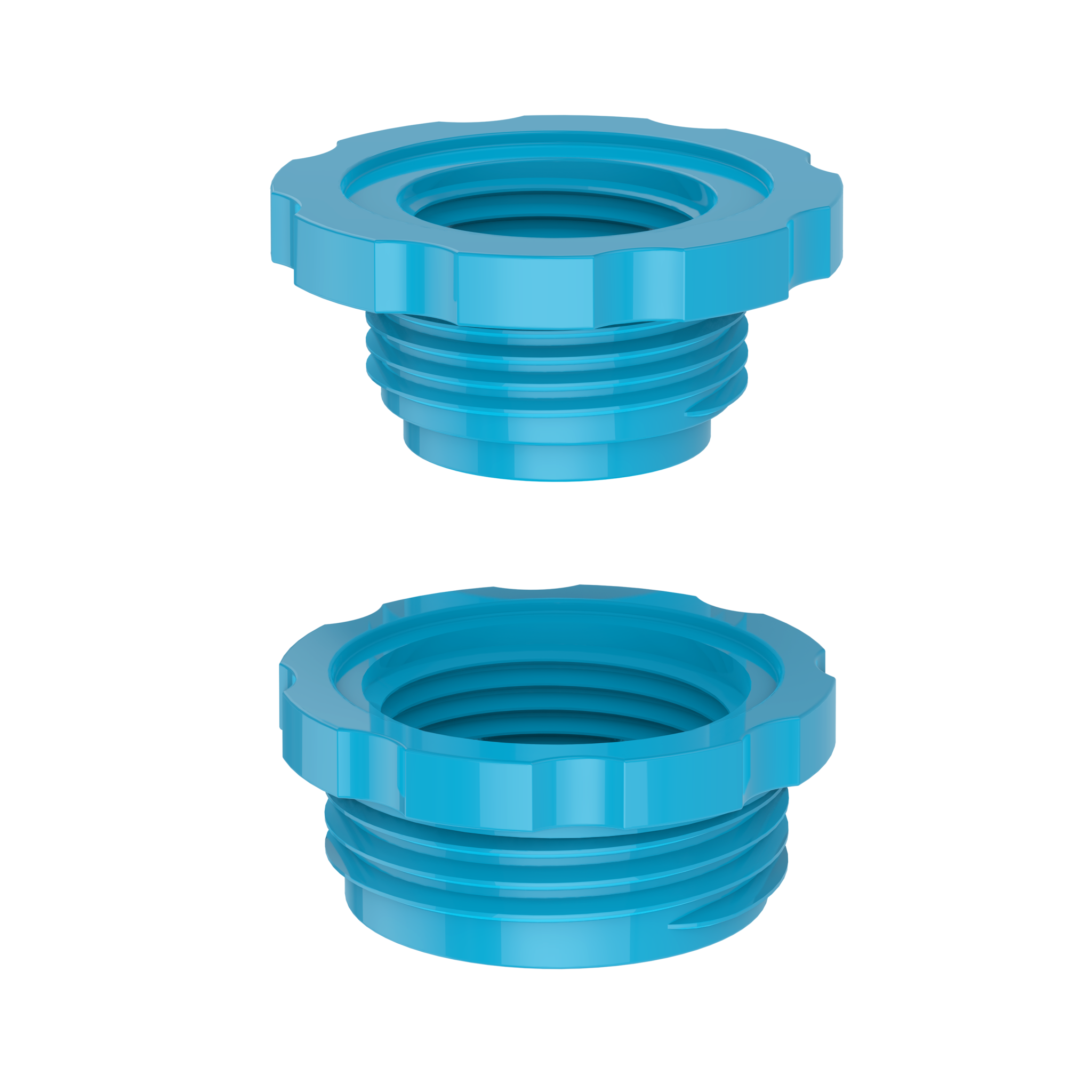 Zestaw dwóch niebieskich redukcji do przyłącza z gwintami i uszczelkami