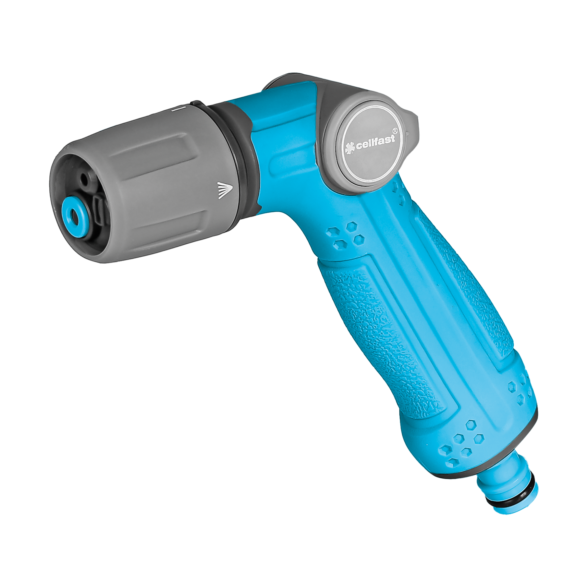 Niebiesko-szary zraszacz pistoletowy Cellfast z regulacją strumienia i ergonomicznym uchwytem