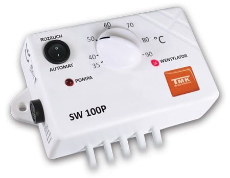 Sterownik SW 100P TMK do kotła CO z pokrętłem temperatury, przełącznikiem i kontrolkami pompy oraz wentylatora