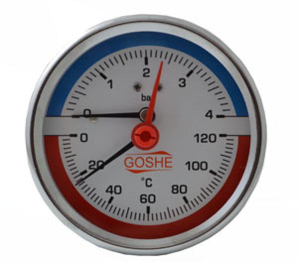 Termomanometr GOSHE fi 80 mm z zakresem 0-4 bar i 0-120°C, wskazania ciśnienia i temperatury