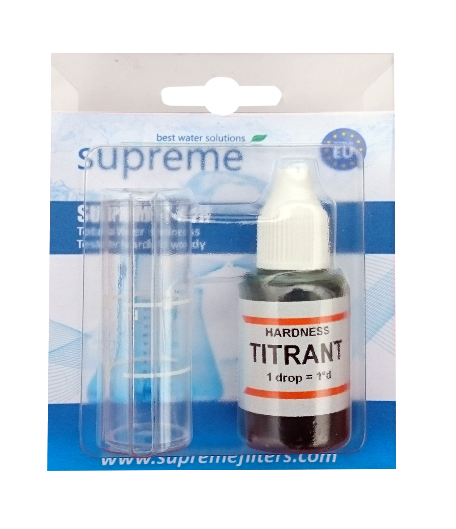 Tester kropelkowy twardości wody Supreme z menzurką i buteleczką z titrantem