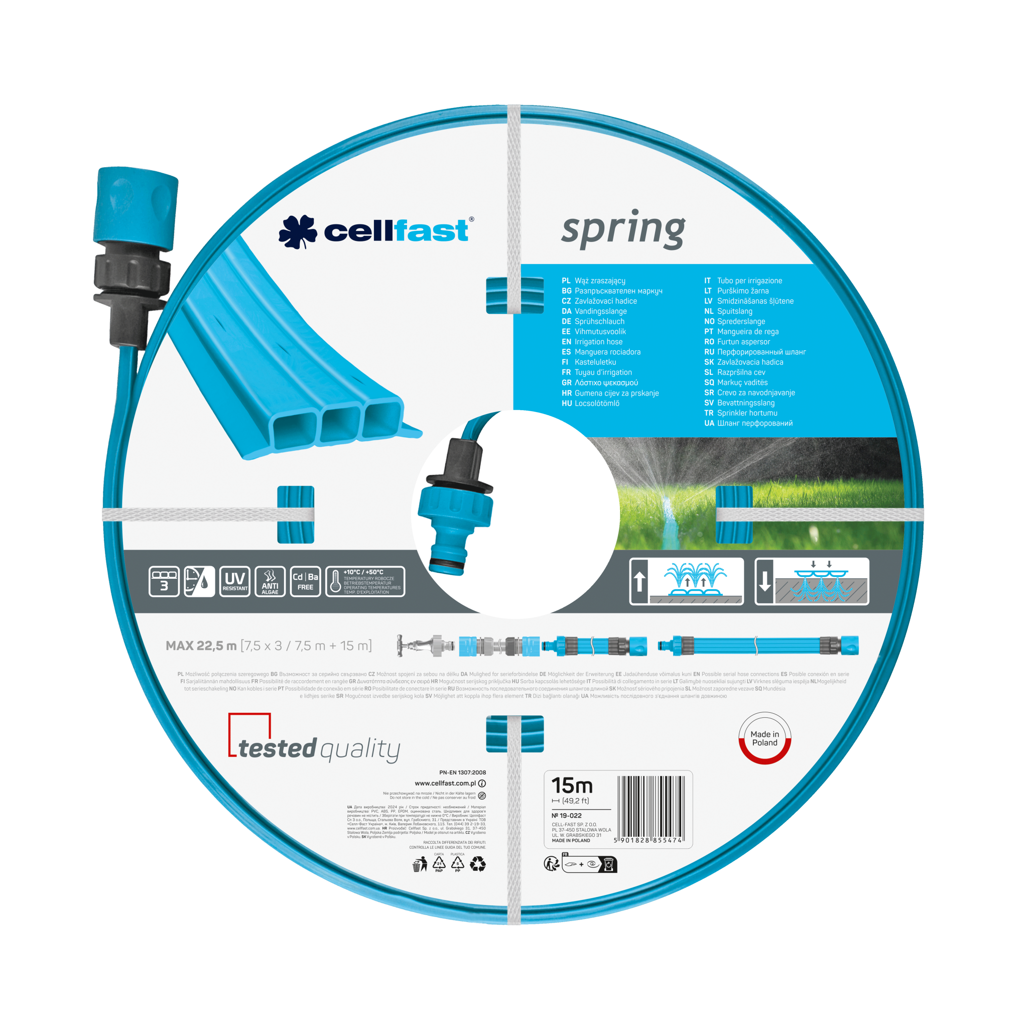Wąż ogrodowy zraszający Cellfast Spring 7,5 m z kompletem niebieskich końcówek i szybkozłączką
